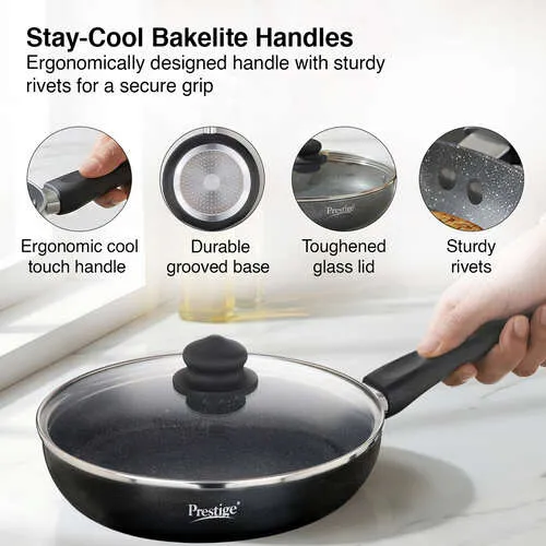 Prestige Omega Deluxe Granite Non-stick Round Base Fry Pan with Glass Lid, 24cm, 1.7L (Black) - Alternate View